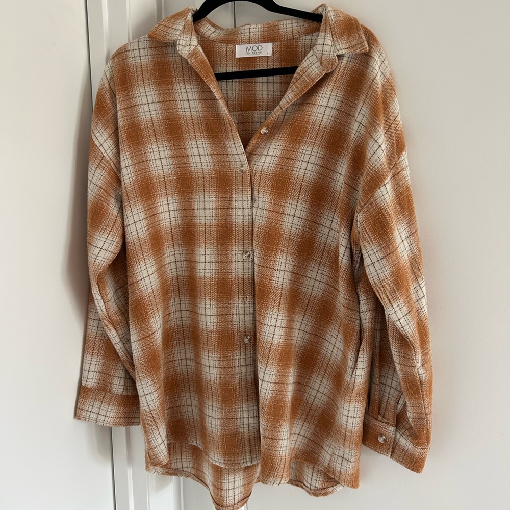 Brown and White Plaid Button-Up Shirt